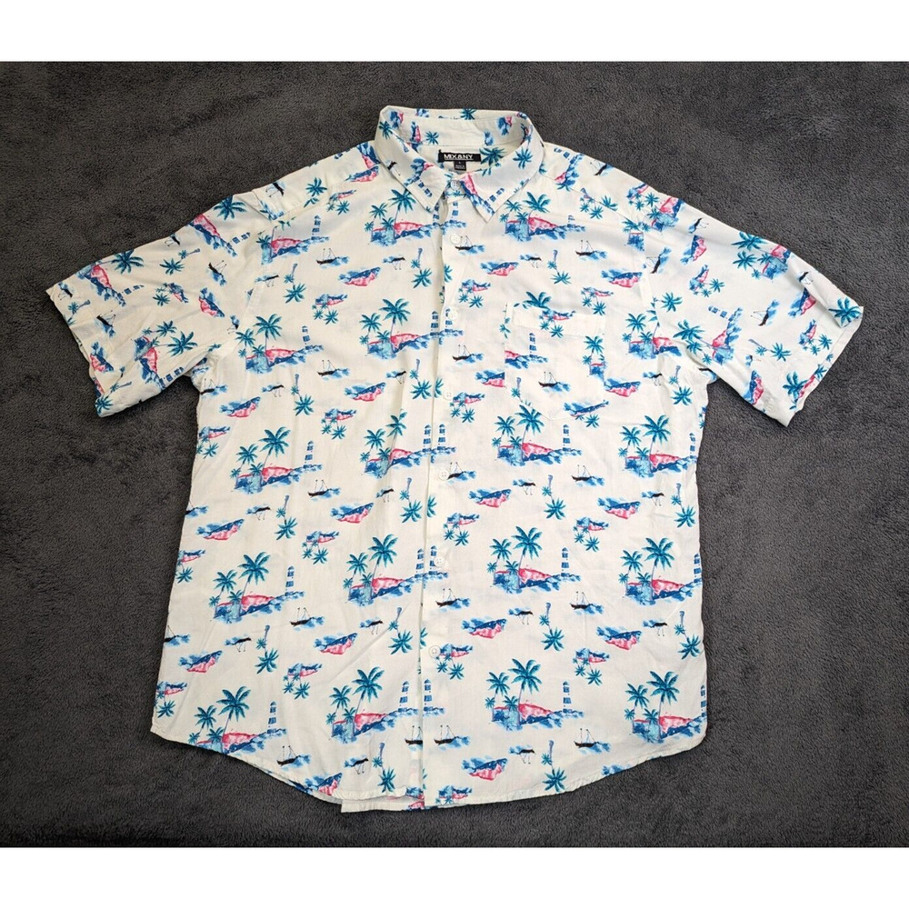 Mix & NY Men's Button Up Vacation shirt tropical beach White Short Sleeve Size L